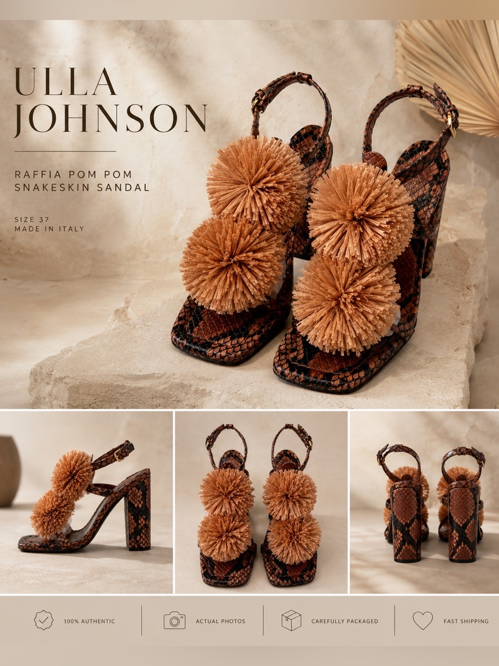 Ulla Johnson Isolde Raffia Pom Pom Python Print Leather Sandal 9M